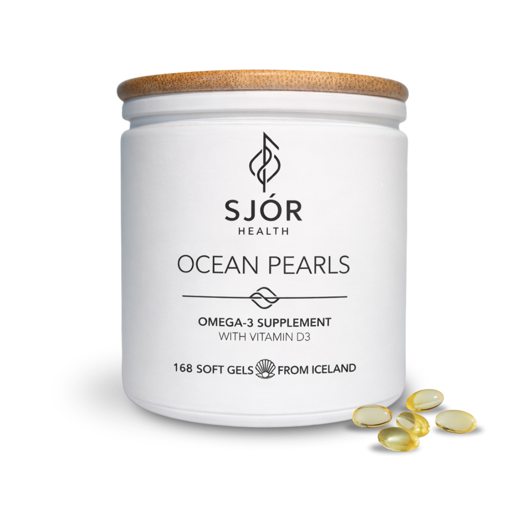SJOR Health Ocean Pearls Omega-3 supplement jar with capsules on a white background